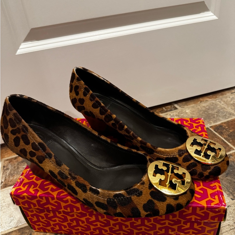 Tory Burch Leopard Calf Hair Wedges with Gold Logo